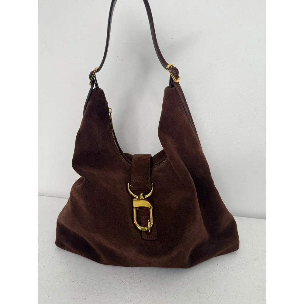 ASOS DESIGN Women Chocolate Brown Suede Slouchy Hobo Bag Gold Hardware F102448